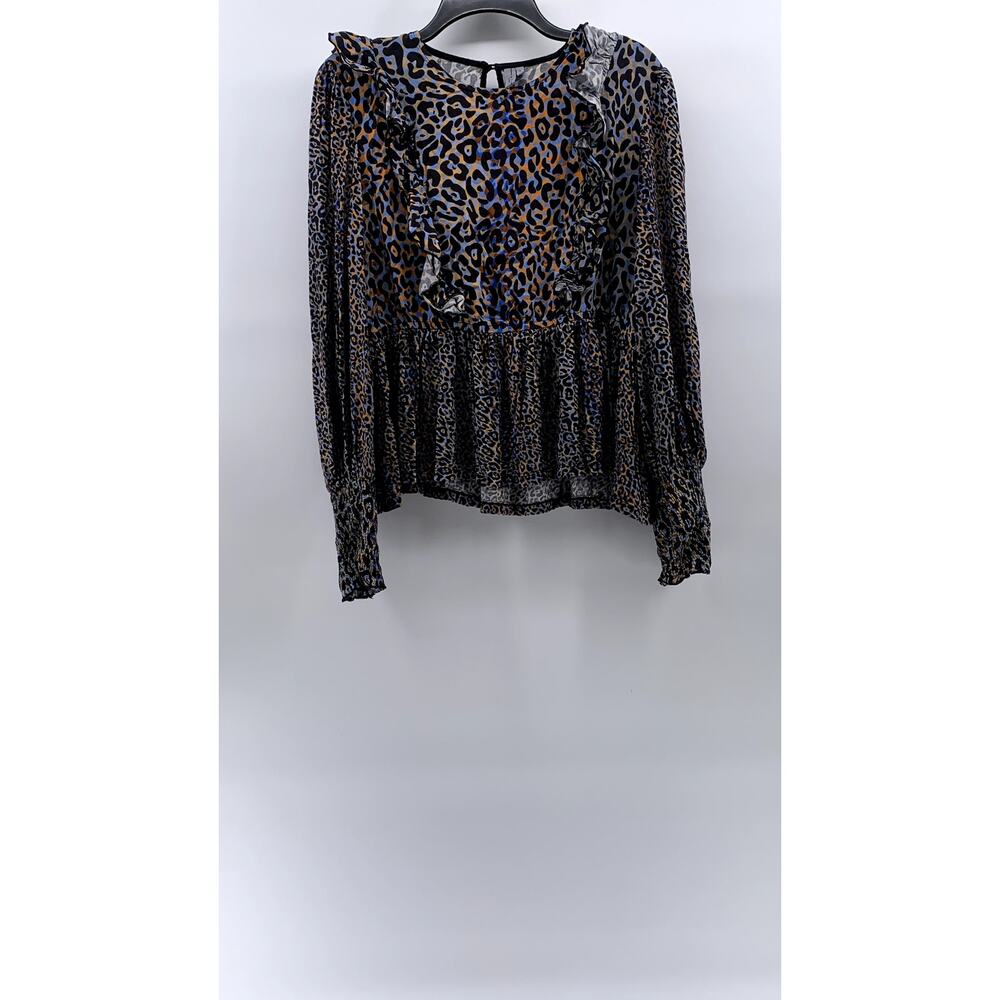BLANK LONDON Women's Black-Blue-Orange Leopard Print Ruffle Long Sleeve Top SZ L
